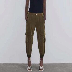Zara Satin Cargo Pants / Joggers - Olive